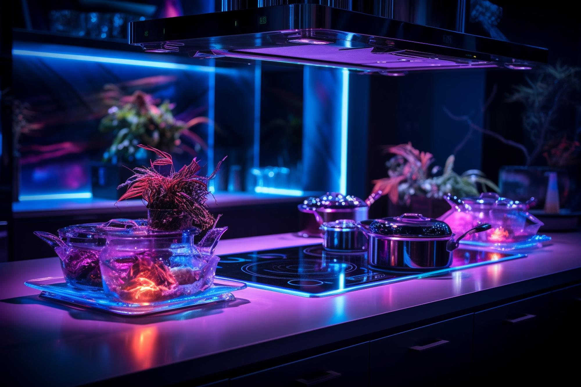 Futurystyczna kuchnia z neonowym oświetleniem